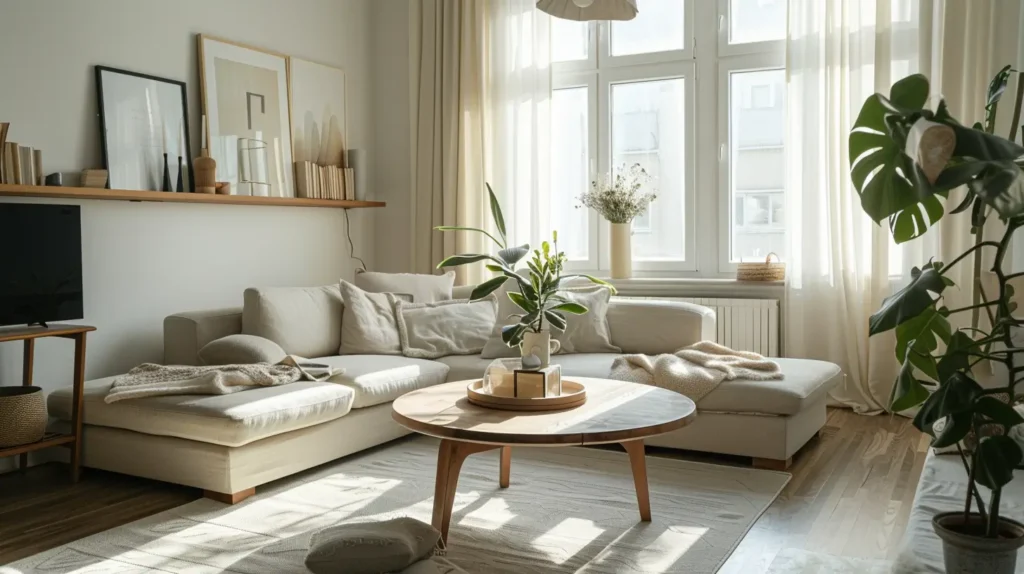 Soggiorno elegante con arredi chiari e materiali naturali