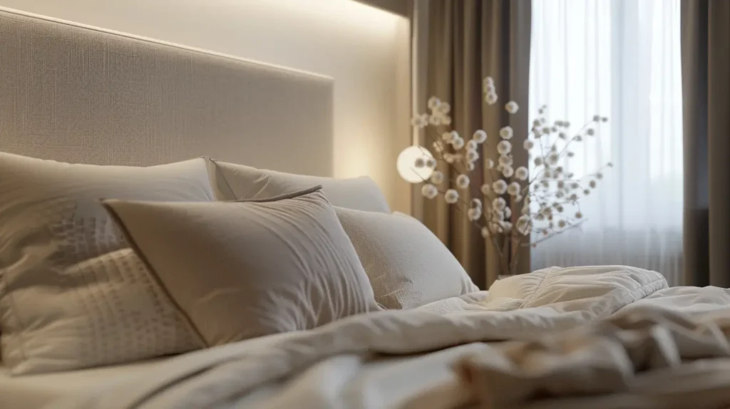 Camera da letto elegante con tessili neutri e illuminazione soffusa