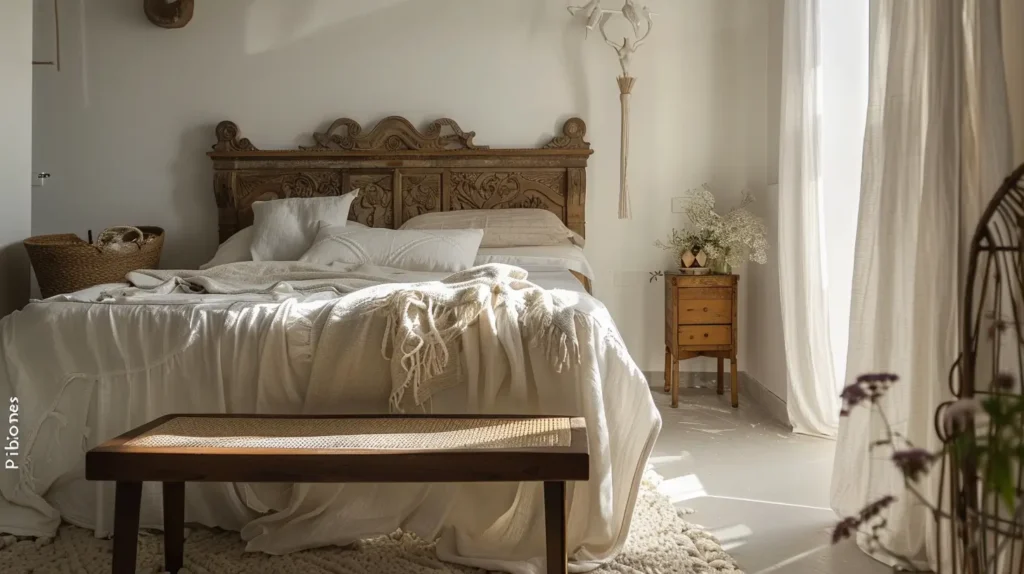 Camera da letto in stile sardo caldo con letto in legno intagliato e tessili tradizionali