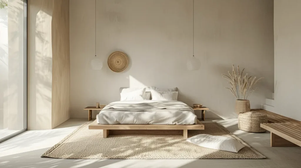 Camera da letto in stile sardo chiaro con legno naturale, tessuti in lino e palette neutra
