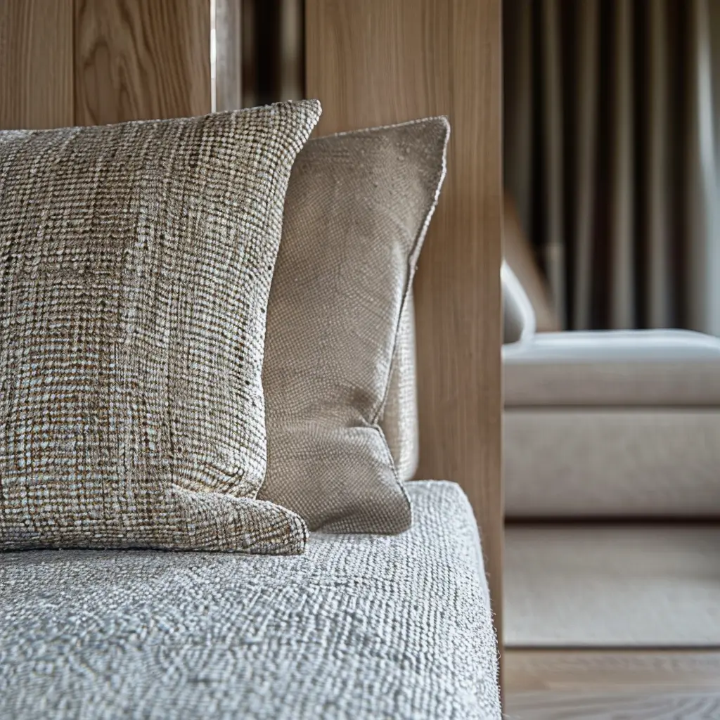 Dettaglio di cuscini e imbottiti in tessuto neutro