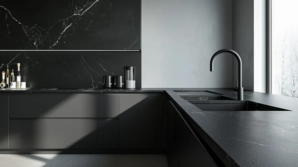 Cucina moderna con top in Corian nero opaco e lavello integrato