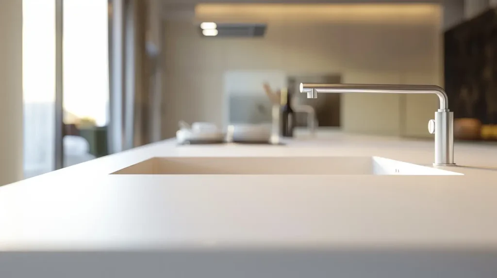 Top cucina in Corian con lavello integrato e superficie continua in ambiente moderno