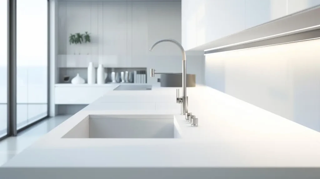 Cucina minimal con top in Corian bianco e piano continuo senza giunzioni