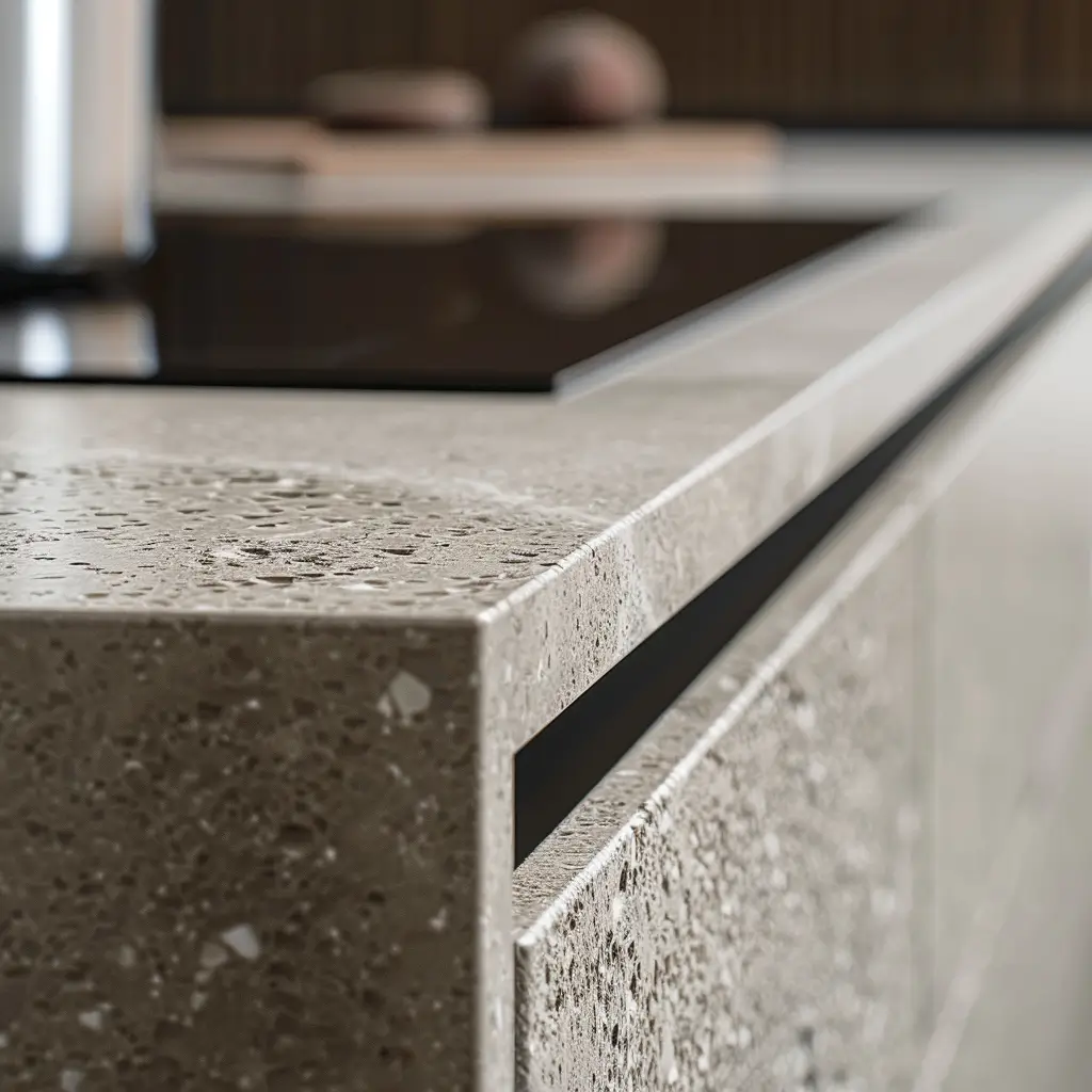 Angolo di un top cucina in Corian con lavorazione continua e finitura opaca