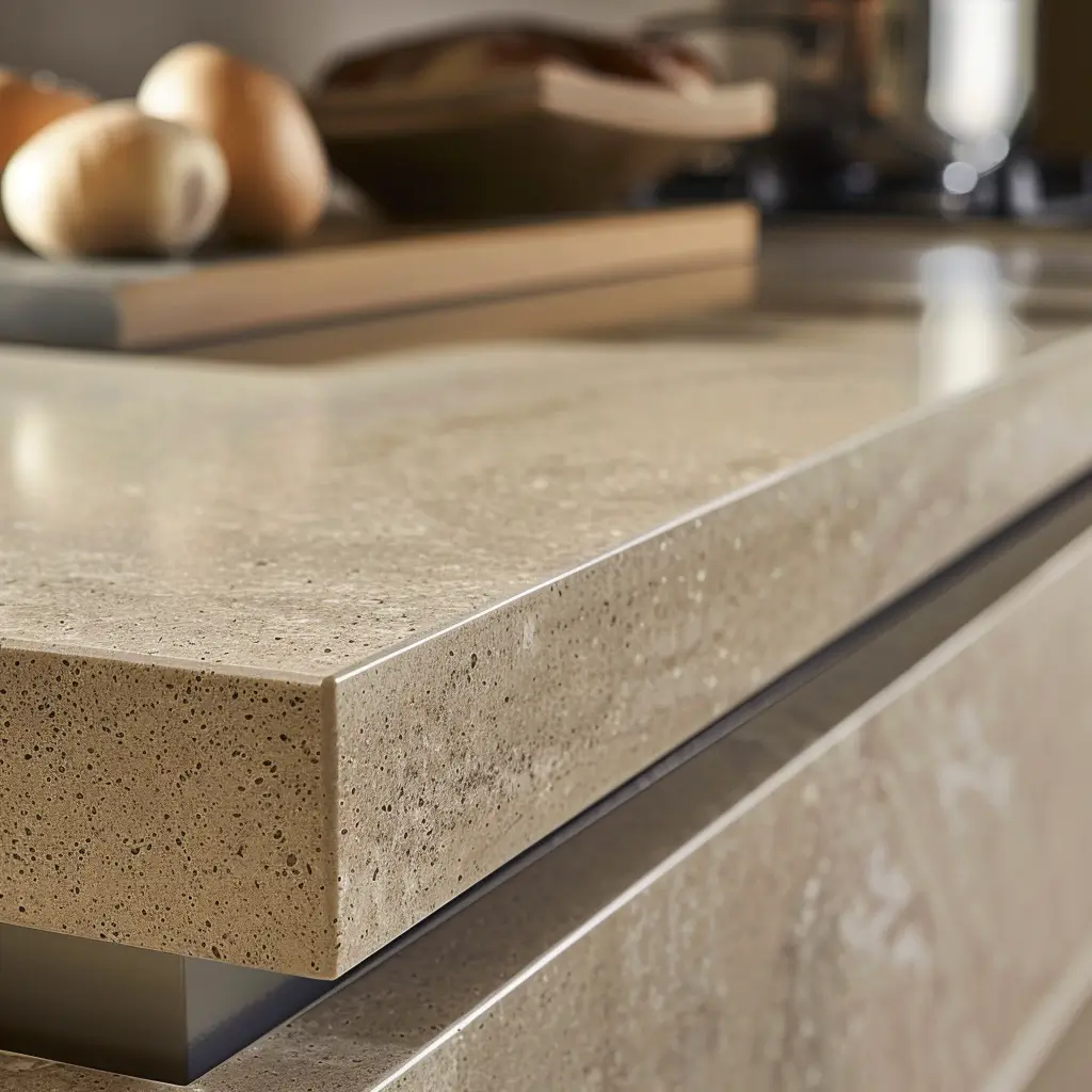 Top cucina in Corian con lavello integrato e superficie continua in ambiente moderno