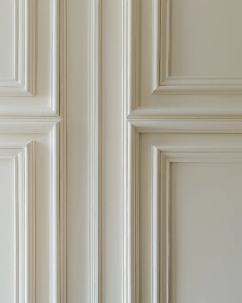 Cornici decorative in rilievo su parete interna chiara, luce naturale e finitura raffinata