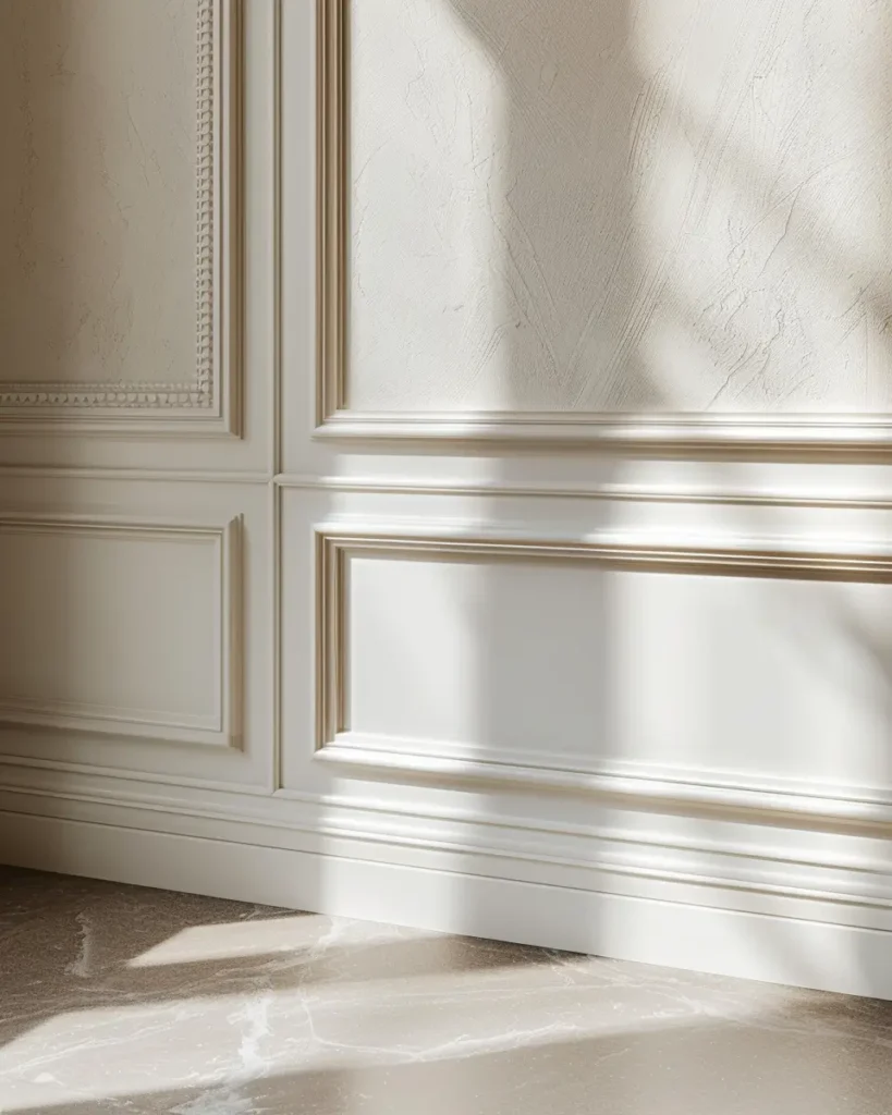 Dettaglio di cornici decorative per pareti interne verniciate di bianco, finitura classica