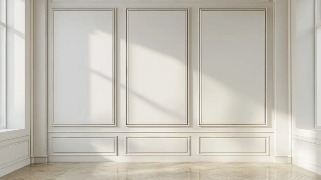 Parete interna con cornici decorative bianche in stile boiserie, ambiente luminoso e minimal