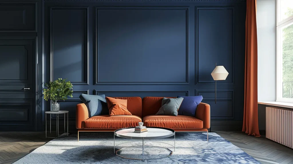 Parete con cornici decorative in stile boiserie moderna, colore blu scuro, soggiorno elegante con divano