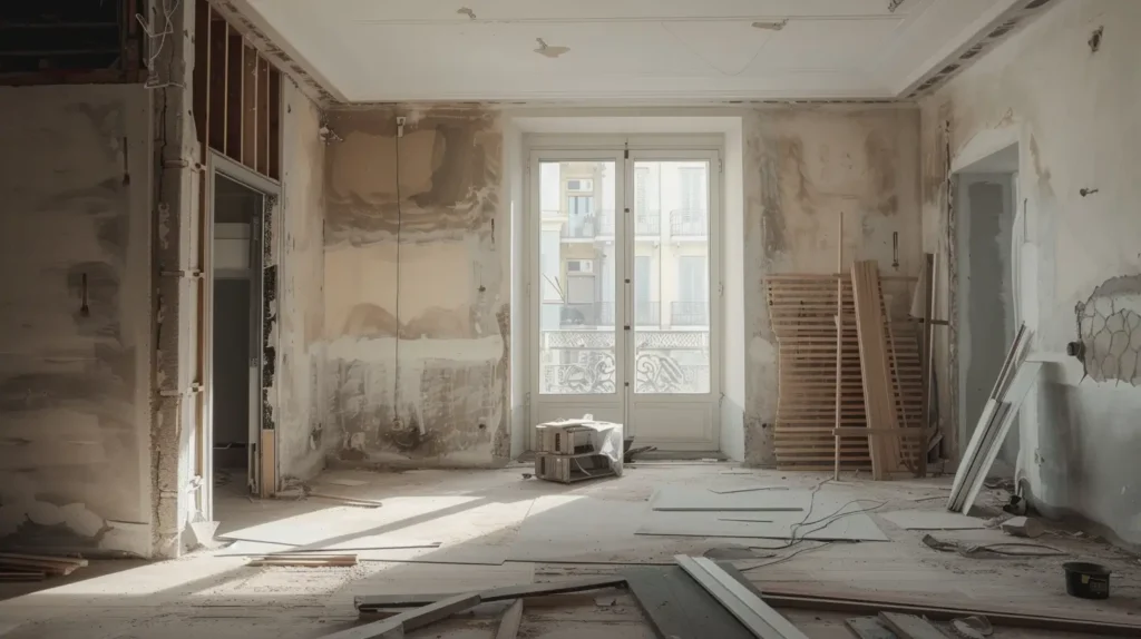 Appartamento in fase di ristrutturazione con pareti grezze, pavimento smontato e materiali da cantiere, esempio di lavori interni durante una ristrutturazione casa