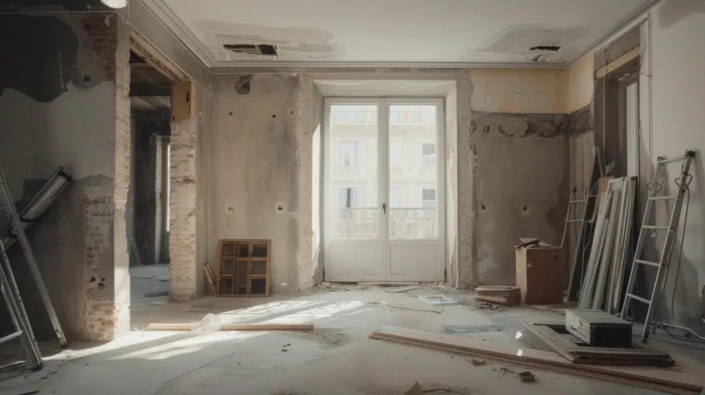 Interno di casa in ristrutturazione completa con impianti a vista e lavori strutturali in corso, tipico cantiere di ristrutturazione appartamento