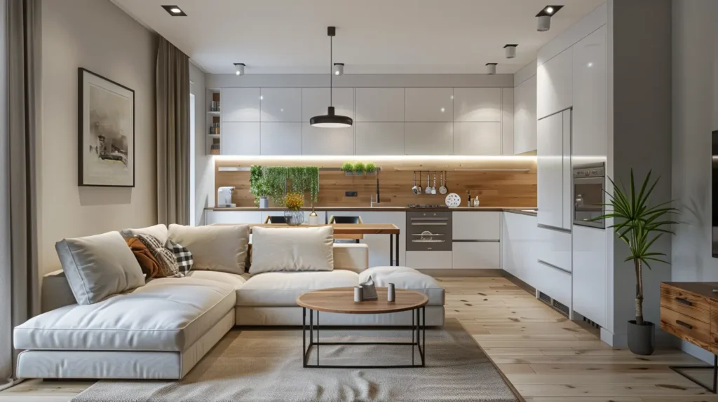 Cucina angolare in muratura con zona living integrata e finiture neutre