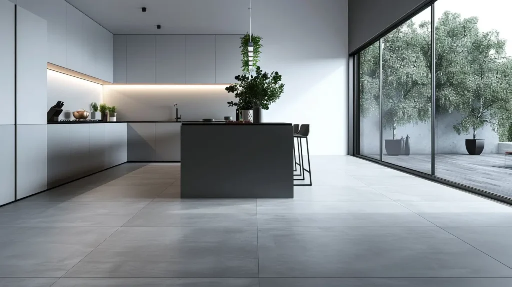 Cucina angolare in muratura moderna con isola centrale e grandi vetrate