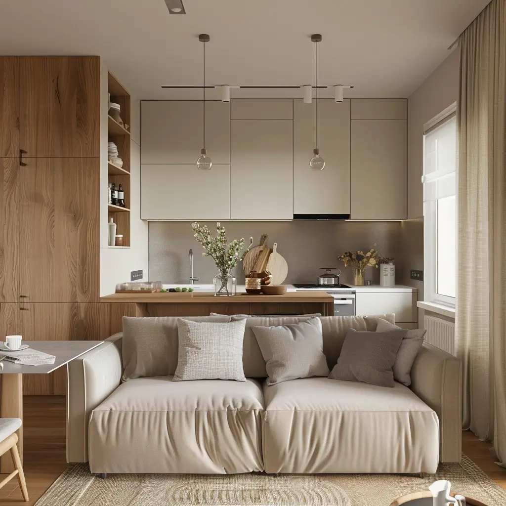 Cucina angolare in muratura con mobili su misura e materiali chiari