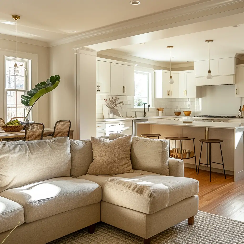 Cucina open space con tavolo da pranzo e grandi finestre, ambiente unico funzionale e luminoso