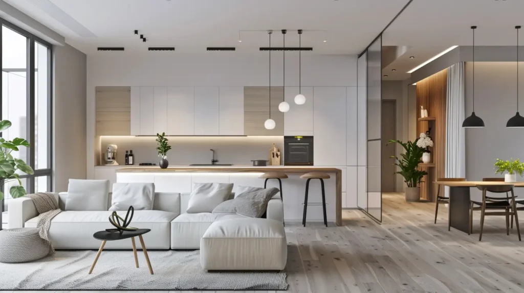 Cucina open space con soggiorno a vista, layout aperto che unisce cucina e zona giorno