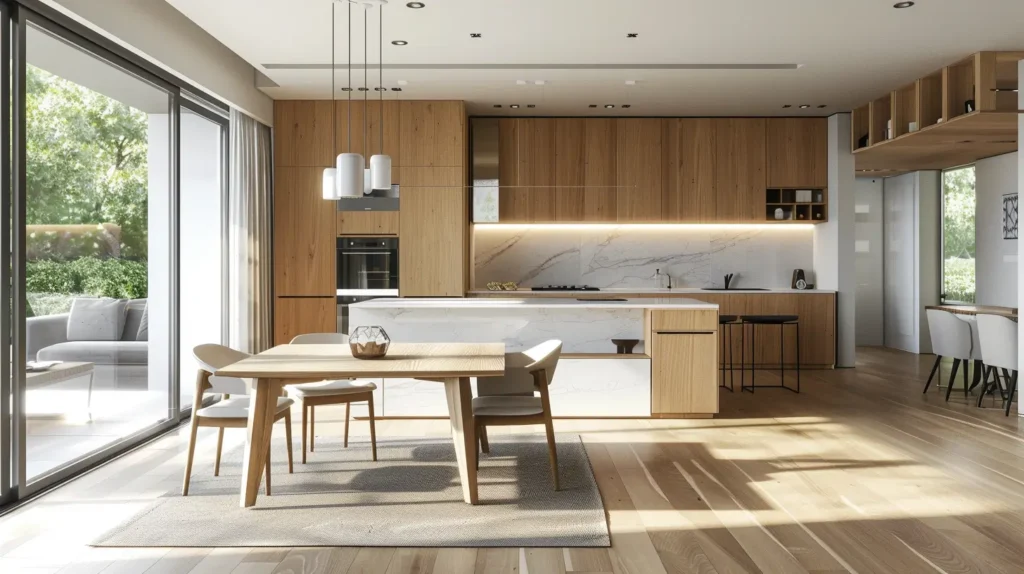 Cucina open space moderna con soggiorno integrato, arredi neutri e illuminazione naturale