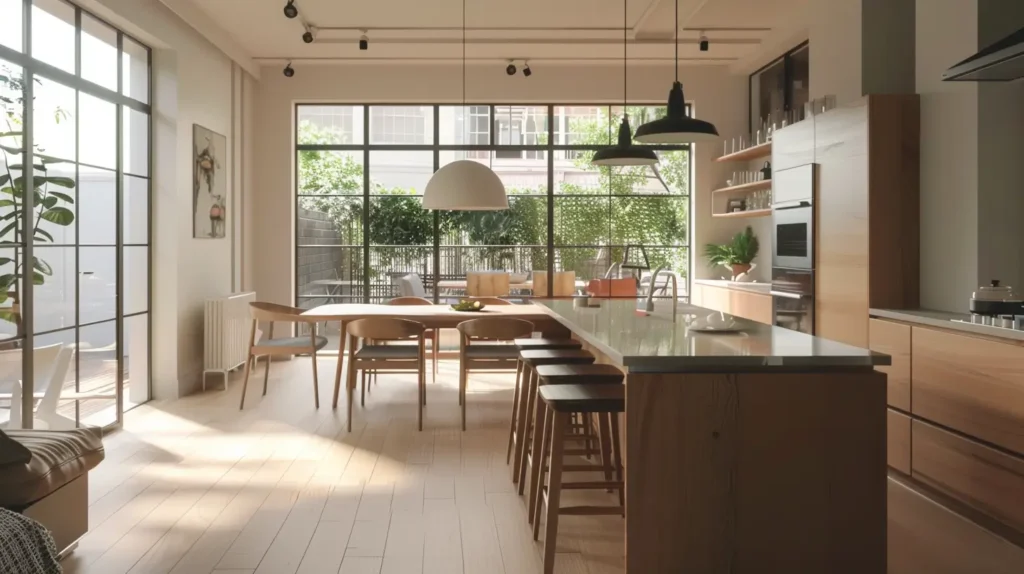 Cucina open space in appartamento luminoso con zona living comunicante e isola centrale