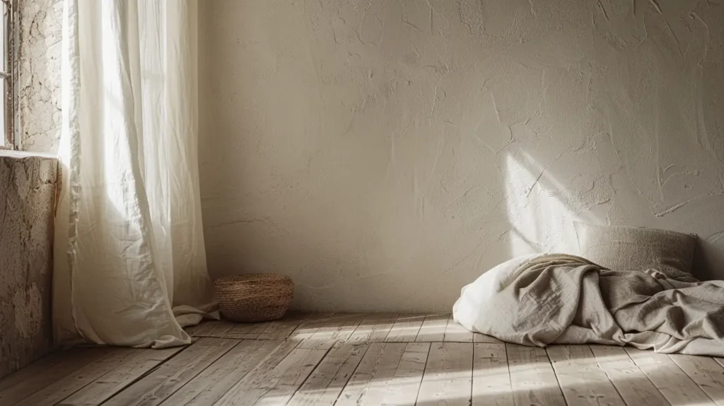 Materiali per interni in un ambiente domestico con pavimento in legno naturale e parete intonacata illuminata da luce naturale