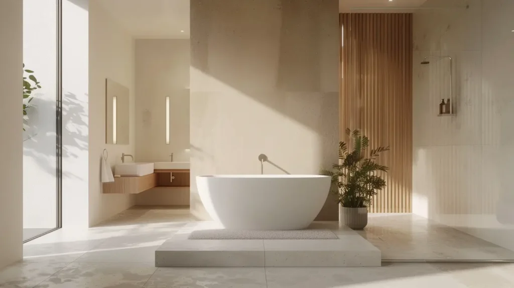 Bagno moderno con parete divisoria opaca che separa lavabo e zona vasca