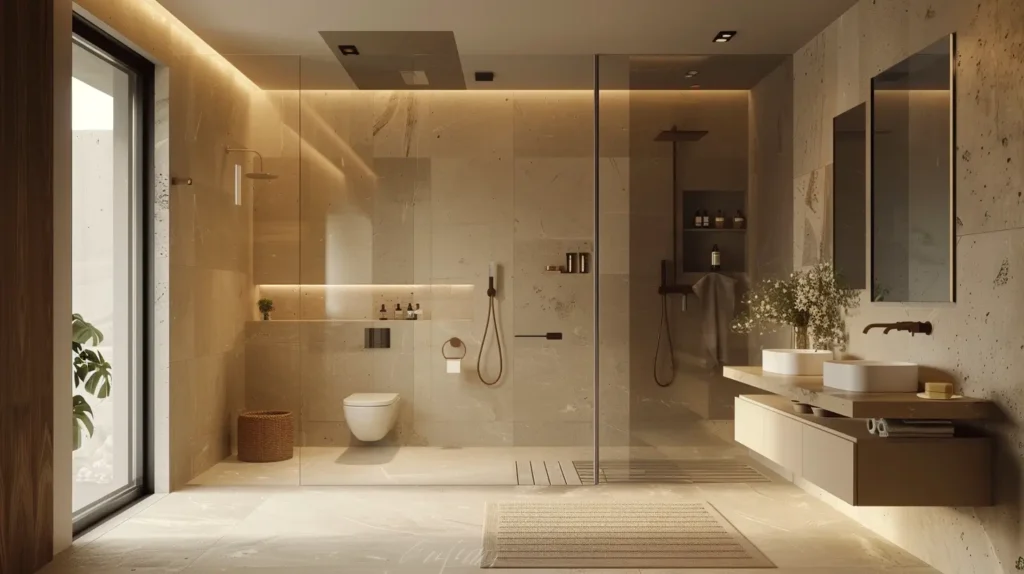 Bagno contemporaneo con pareti divisorie che separano doccia e sanitari