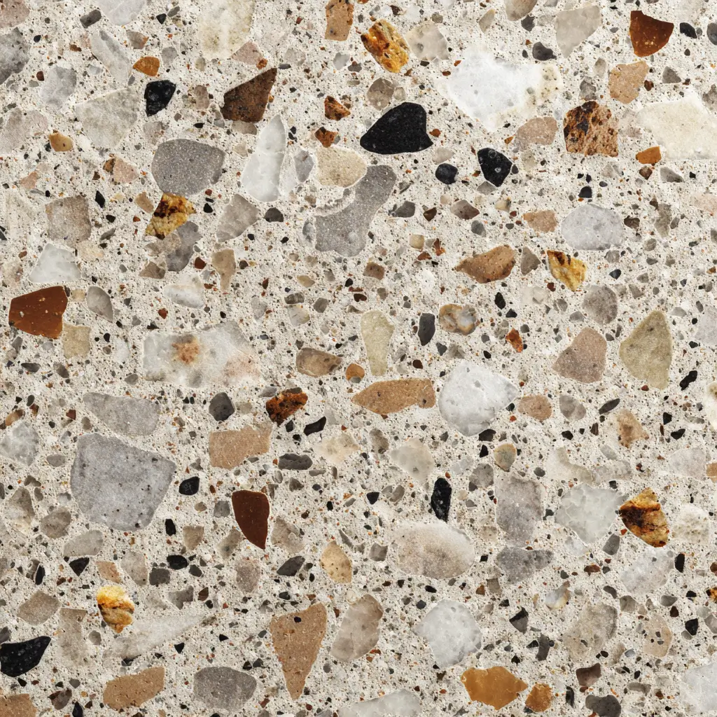 Dettaglio ravvicinato di pavimento in graniglia con inerti naturali dai toni caldi