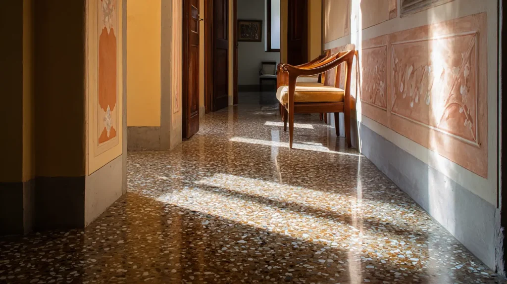 Corridoio con pavimento in graniglia restaurata in abitazione d’epoca