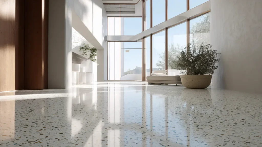 Pavimento in graniglia lucida per interni moderni con grandi vetrate e luce naturale