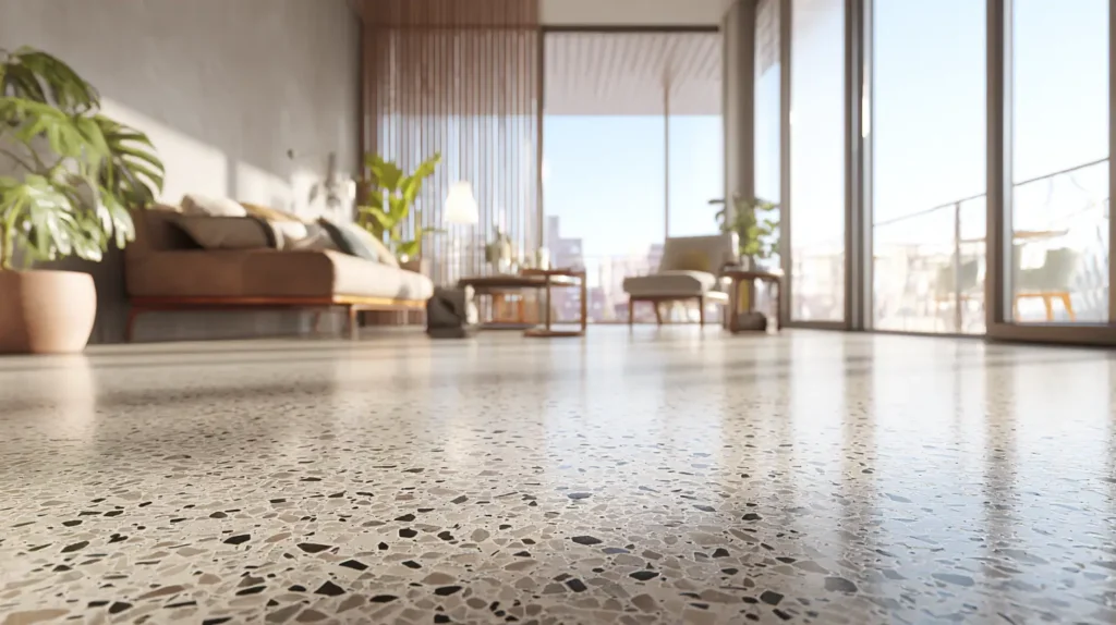 Pavimento in graniglia chiara in soggiorno moderno con arredi minimal e luce naturale