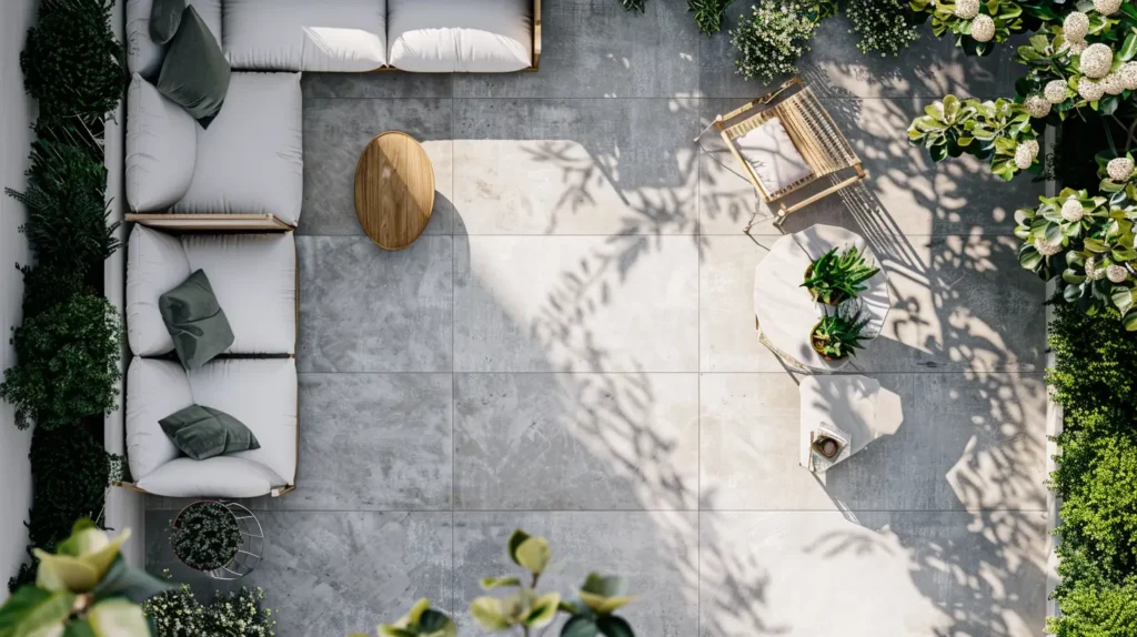 Vista dall’alto di terrazzo arredato con pavimento in resina per esterni