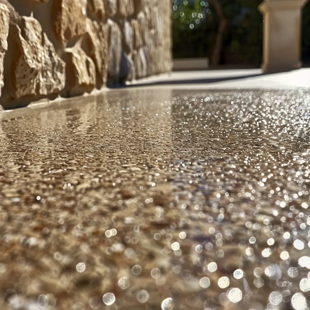 Dettaglio di pavimento in resina per terrazzo con finitura continua e texture materica