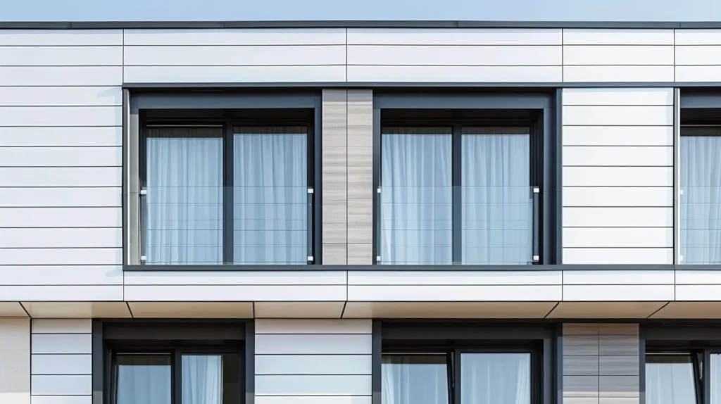 Rivestimento esterno in PVC su facciata contemporanea con finestre a filo