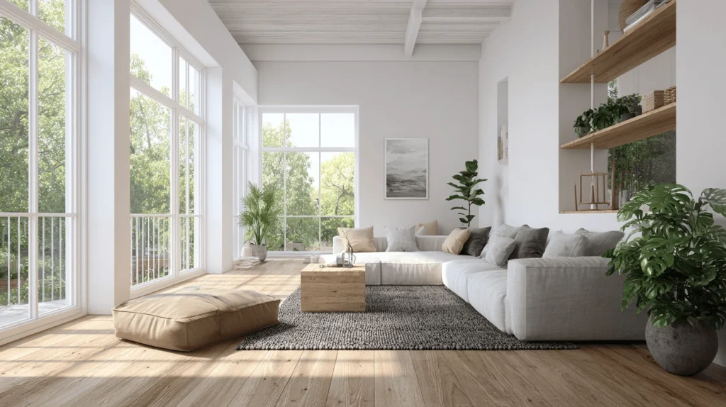 salotto moderno completamente nuovo divano bianco pavimenti in parquet chiaro arredo minimal ampie vetrate