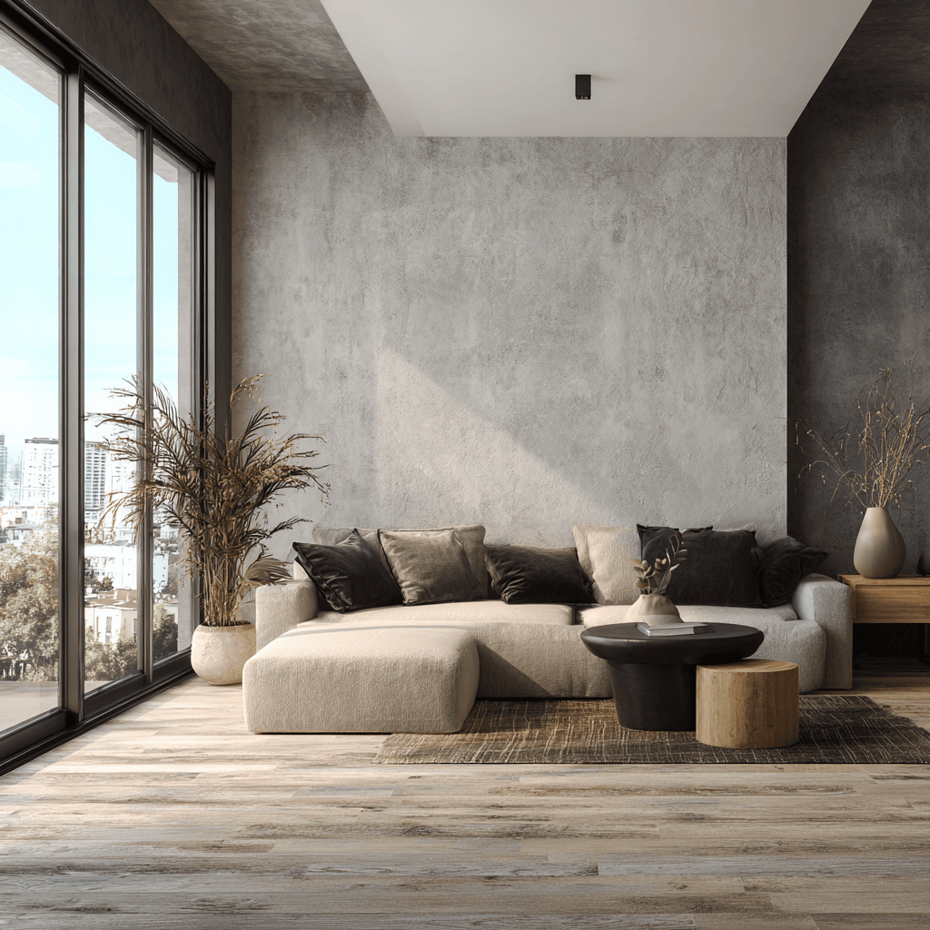 salotto molto elegante arredato in stile minimal moderno con divano chiaro e ampia vetrata