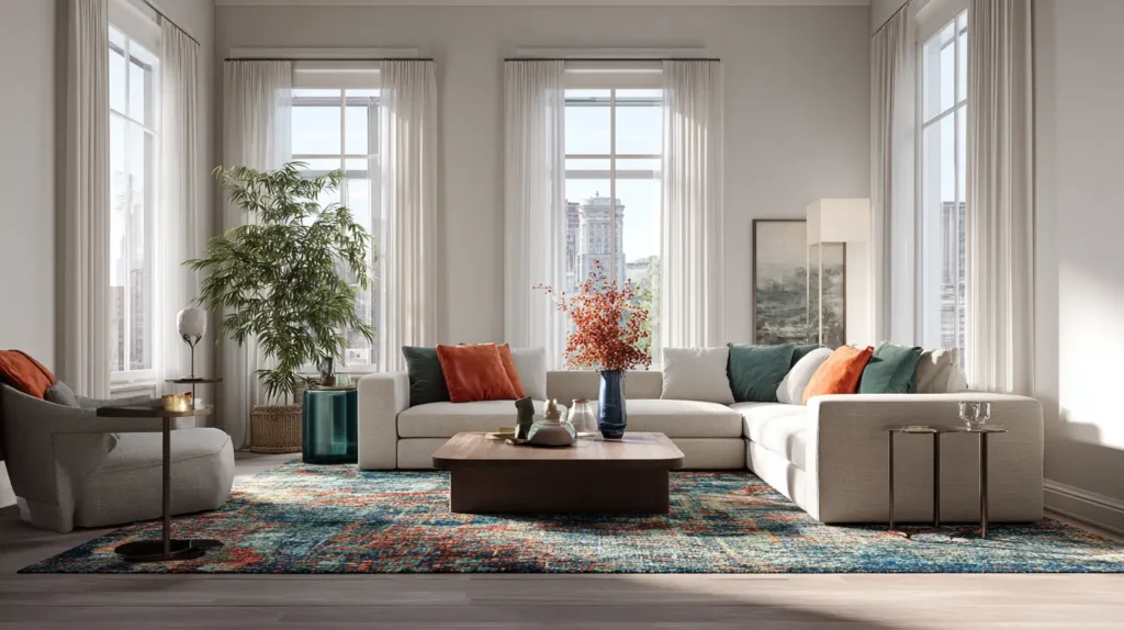 bel salotto interior design con dettagli dai colori accesi