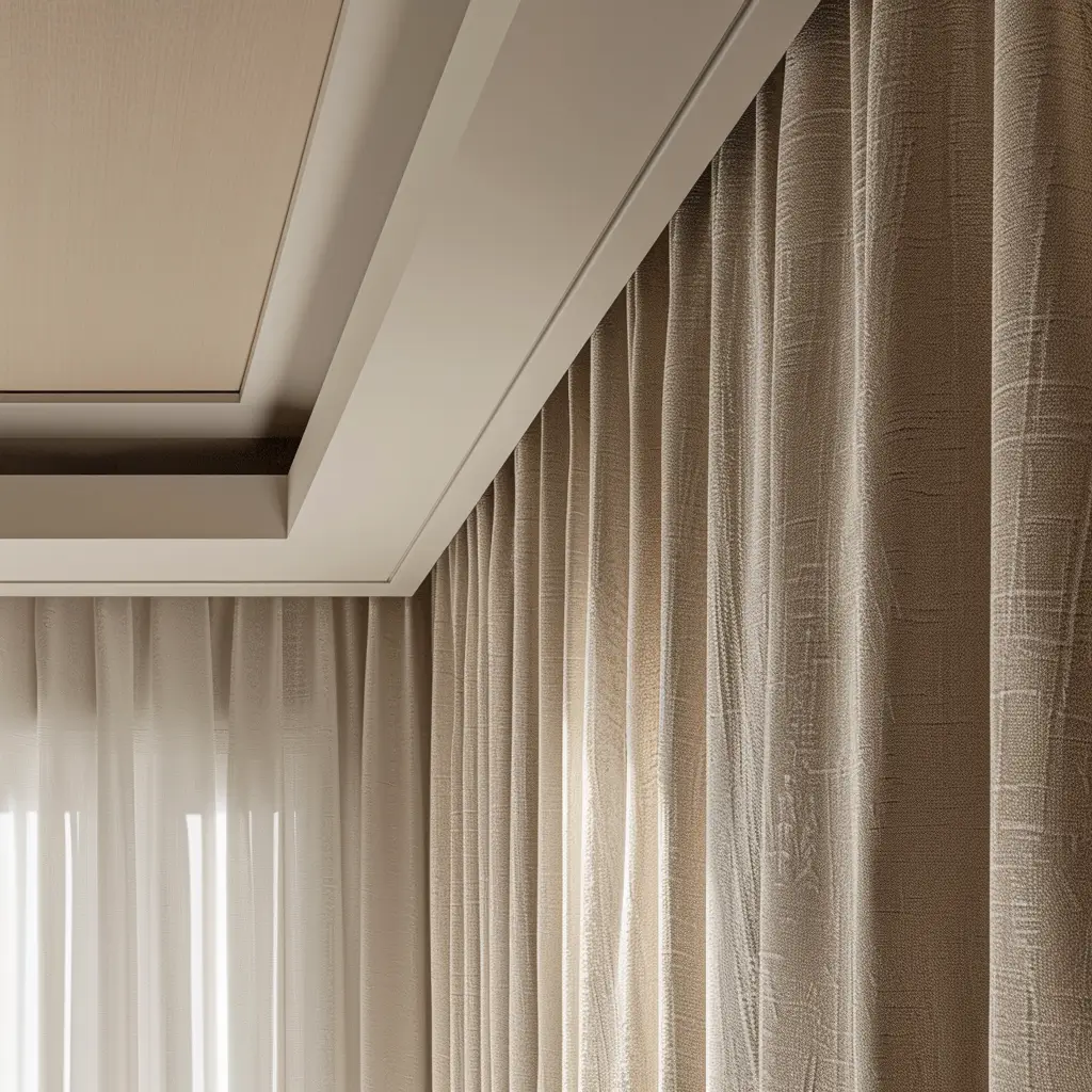 Dettaglio del binario per tende nascosto nel cartongesso a soffitto