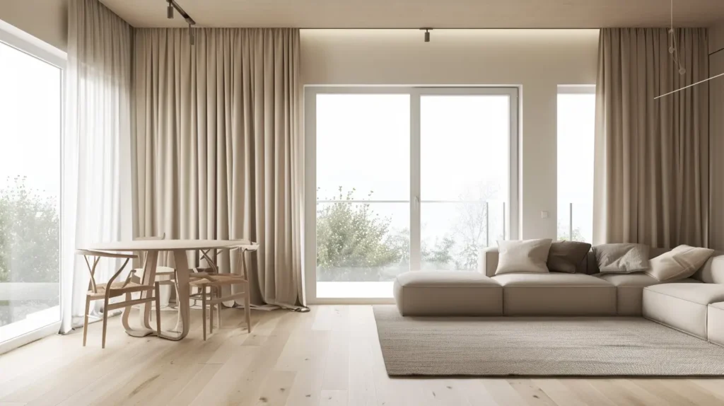 Interno moderno con tende a tutta altezza integrate nel controsoffitto