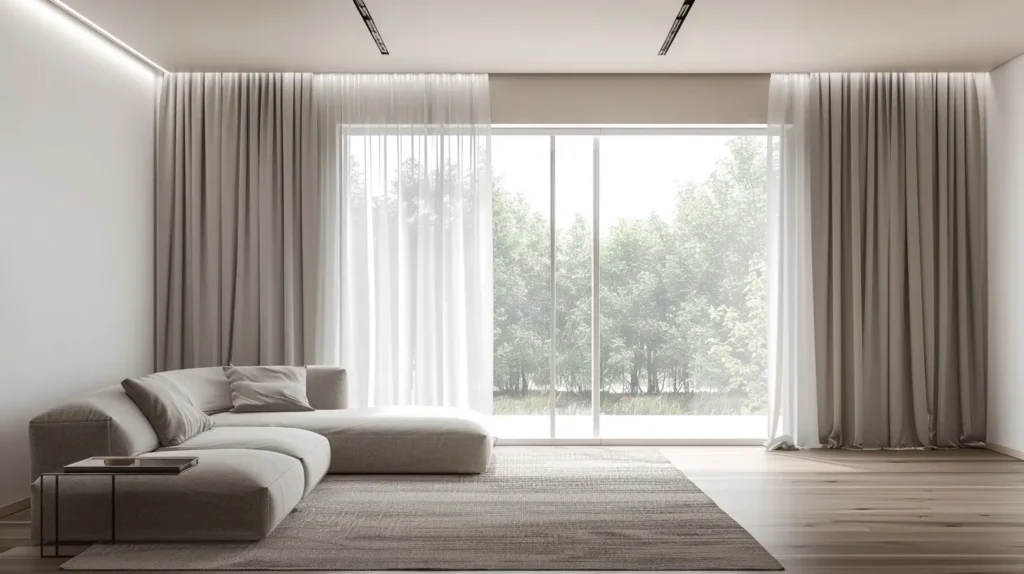 Ambiente minimal con tende a scomparsa nel soffitto in cartongesso