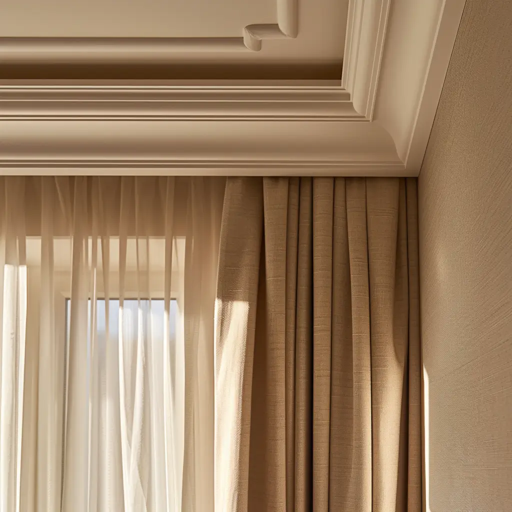 Tenda incassata nel cartongesso con veletta a soffitto e tende in tessuto chiaro
