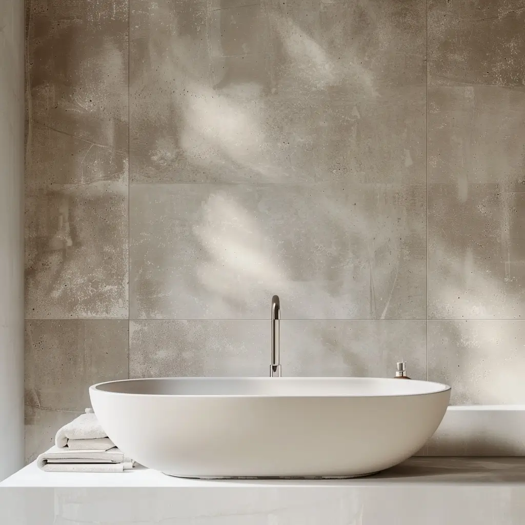 alt="Pareti bagno moderne con rivestimento effetto cemento e superfici continue"