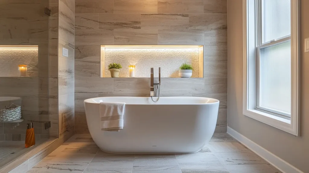 alt="Bagno moderno con vasca freestanding e rivestimenti continui, intervento senza demolizioni"